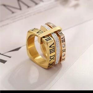 Gold Architectural Ring with Roman Numerals and Gemstones Stainless Steele